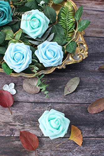 Artificial Flowers 50pcs Real Looking Aqua Blue Foam Fake Roses with Stems for DIY Wedding Bouquets Bridal Shower Centerpieces Floral Arrangements Party Tables Home Decorations (50 Count)