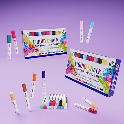 Chalk Markers 24 Vibrant Color Set for Blackboard & Glass Surfaces Washable (24 Count)