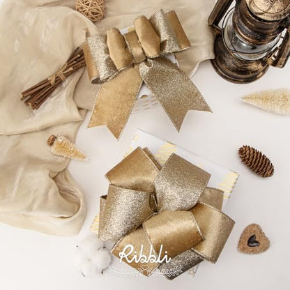 Champagne Gold Velvet Wired Ribbon 2.5 Inch Khaki Velvet with Champagne Glitter Christmas Ribbon for Christmas Tree Decoration Big Bow Gift Wrapping Crafts Wreaths Supplies (30 Foot)