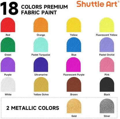 Shuttle Art Fabric Paint, 18 Colors Permanent Soft Fabric Paint in Bottles (60ml/2oz) with Brushes, Palette, Stencils, Non-Toxic Textile Paint for T-Shirts, Shoes, Jeans, Bags, DIY Projects&Art
