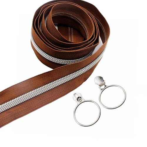 5 Silver Metallic Nylon Coil Zippers by The Yard Bulk 10 Yards Brown Zipper Tape with 25pcs Silver Ring Pull Sliders for DIY Sewing Tailor Craft Bag