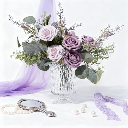 Artificial Flowers Foam Fake Roses 25pcs Series Purple Colors Roses with Stems for Home Decor DIY Wedding Bouquets Party Bridal Shower Centerpieces Faux Flower Arrangements Tables Decorations (25 Count)