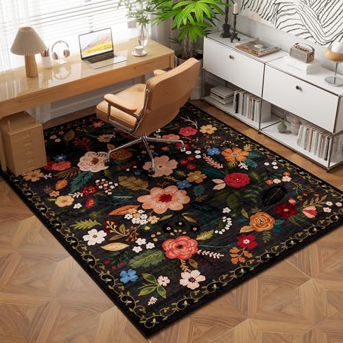 Area Rug 4x6 Rug Washable Boho Rugs Non Slip Low Pile Floral Small Carpet for Bedroom