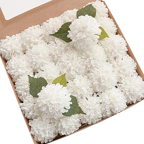 Artificial Dahlia Flowers 25pcs Real Looking White Foam Fake Roses with Stems for DIY Wedding Bouquets Bridal Shower Centerpieces Floral Arrangements Party Tables Home Decoration (25 Count)