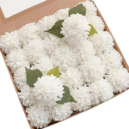 Artificial Dahlia Flowers 25pcs Real Looking White Foam Fake Roses with Stems for DIY Wedding Bouquets Bridal Shower Centerpieces Floral Arrangements Party Tables Home Decoration (25 Count)