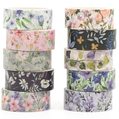 10 Rolls Blooming Flowers Washi Tape Set Floral Arts Adhesive Tapes Colorful Garden Decorative Masking Tape Sets for Craft (10 Count)