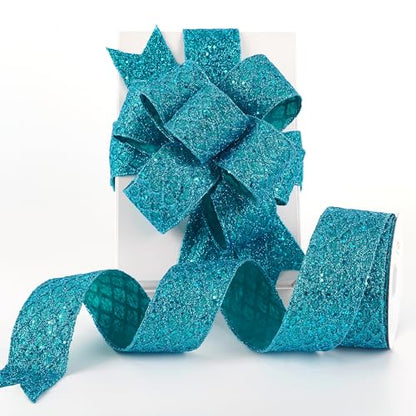 Turquoise Glitter Wired Christmas Ribbon 2.5 inch x 10 Yards (30 Foot)