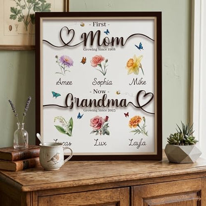 Personalized Grandma Gift First Mom Now Grandma with Birth Month Flowers Decorative Wooden Sign