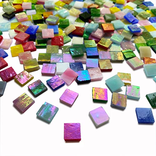 610 Pieces Iridescent Square Glass Mosaic Tiles for Crafts (15 Ounce)