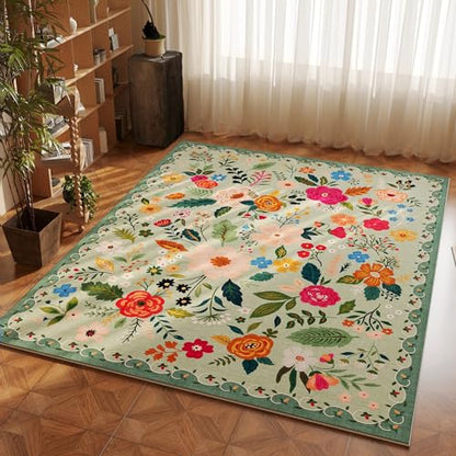 Bedroom Rug 3x5 Rug Washable Area Rug Non Slip Low Pile Boho Floral Small Carpet for Bedroom