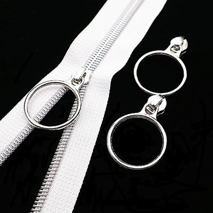 5 Silver Metallic Nylon Coil Zippers by The Yard Bulk 10 Yards White Zipper Tape with 25pcs Silver Ring Pull Sliders for DIY Sewing Tailor Craft Bag