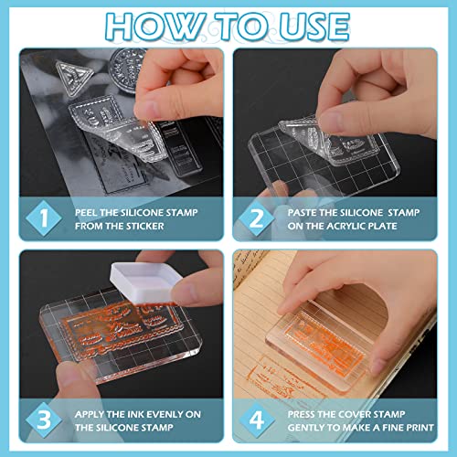 7 Pcs Vintage Rubber Clear Stamps Set 4 Sheet Transparent Postage Silicone Stamps 3 Pcs Acrylic Stamp Block Tools with Grid Lines Rubber Craft Supplies for DIY Scrapbooking Journaling