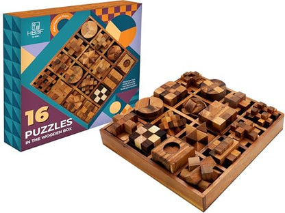 16 in 1 Wooden Brain Teaser Puzzles for Adults and Seniors Interlocking 3D Mini Wood Mind Games Hand Puzzle Teasers Set Toys Coffee Table Games Gift