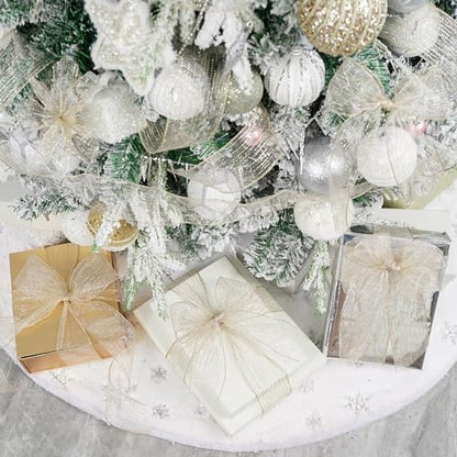 Champagne Gold Wired Ribbon 2.5 Inch Horizontal Stripes Glitter Polka Dot Christmas Ribbon Organza Sheer Ribbons 25 Yards Champagne Gold Glitter Ribbons for Christmas Tree (75 Foot)