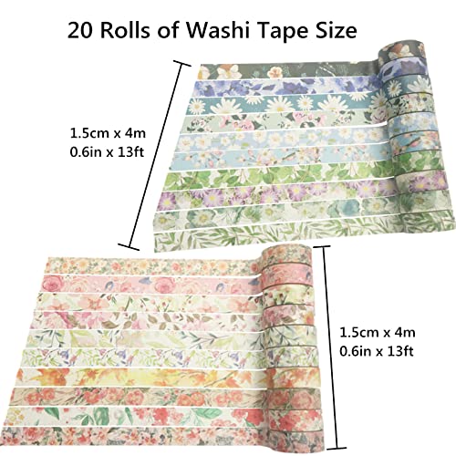 Floral Washi Tape Set 20 Rolls 15mm Wide Flower Decorative Paper Tapes for Scrapbooking (20 Count)