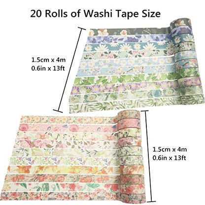 Floral Washi Tape Set 20 Rolls 15mm Wide Flower Decorative Paper Tapes for Scrapbooking (20 Count)