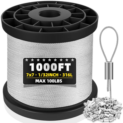1000FT 1 32IN T316 Stainless Steel Cable with 250Pcs Sleeves