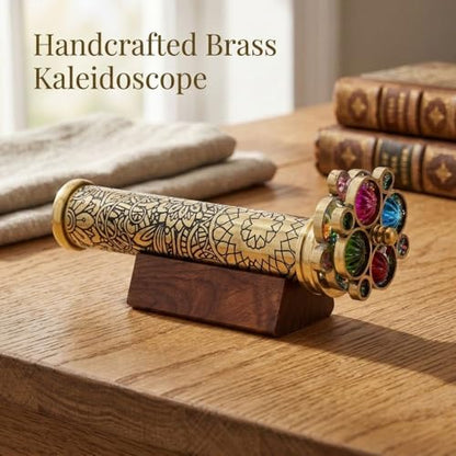 Handcrafted Etched Floral Pattern Lacquered Brass Kaleidoscope Includes Two Separate Turning Wheels
