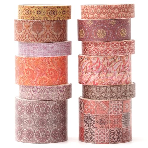 12 Rolls Exotic Charm Washi Tape Set Floral Arts Adhesive Tapes Geometric Garden Decorative Masking Tape Sets for Craft (12 Count)