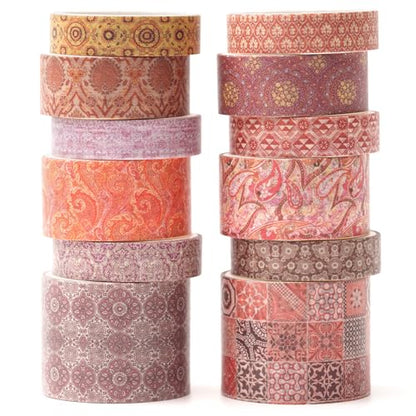 12 Rolls Exotic Charm Washi Tape Set Floral Arts Adhesive Tapes Geometric Garden Decorative Masking Tape Sets for Craft (12 Count)