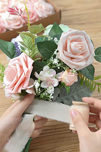 Artificial Flowers 25pcs Real Looking Shimmer Blush and Peach Foam Fake Roses with Stems for DIY Wedding Bouquets Bridal Shower Centerpieces Floral Arrangements Party Tables Home Decorations (25 Count)