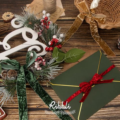 Khaki Velvet Ribbon 1 Inches Luxury Crinkled Brown Christmas Ribbon for Gift Wrapping Crafts Home Decor