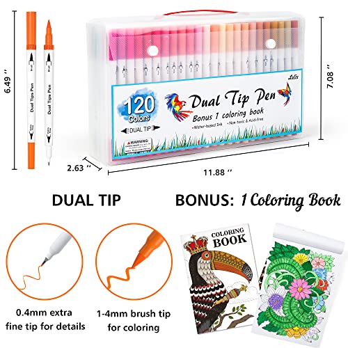 120 Colors Dual Tips Brush Pens Art Markers with a Coloring Book (120 Count)