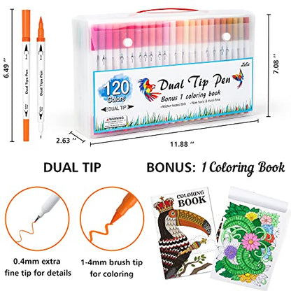 120 Colors Dual Tips Brush Pens Art Markers with a Coloring Book (120 Count)
