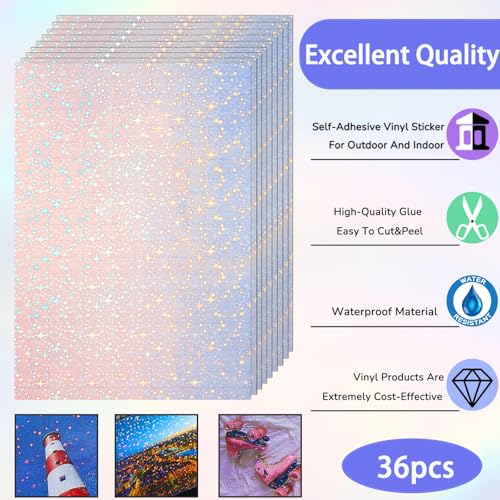 36 Sheets Holographic Sticker Paper A4 Vinyl Holographic Laminate Sheets Self Adhesive Waterproof Transparent Film (36 Count)