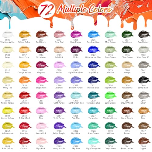 72 Colors Acrylic Paint Set with 12 Brushes (144 Fl Oz)