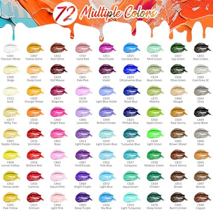 72 Colors Acrylic Paint Set with 12 Brushes (144 Fl Oz)