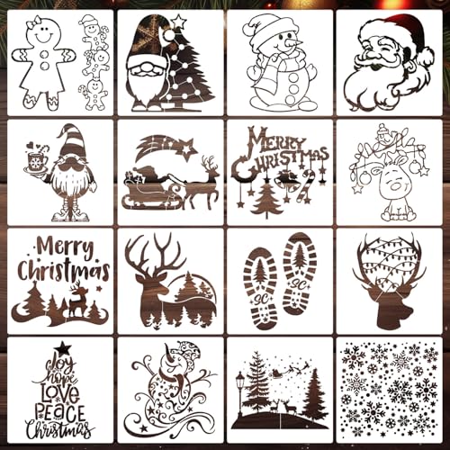 Christmas Stencils for Crafts Reusable 8” Large Christmas Stencil Santa Snowman Gnome Holiday Drawing Templates for Painting on Wood Doormat Fabrics Window Decor (16 Count)