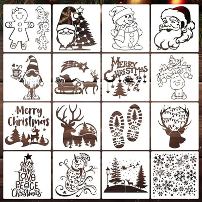 Christmas Stencils for Crafts Reusable 8” Large Christmas Stencil Santa Snowman Gnome Holiday Drawing Templates for Painting on Wood Doormat Fabrics Window Decor (16 Count)