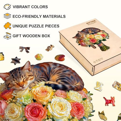 Cat Flower Bouquet Puzzles Adults Gifts Wooden 80 Pieces 8.5*7.6in (80 Count)