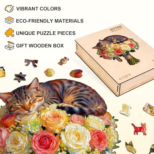 Cat Flower Bouquet Puzzles Adults Gifts Wooden 205 Pieces 13.4 * 12.0in (205 Count)