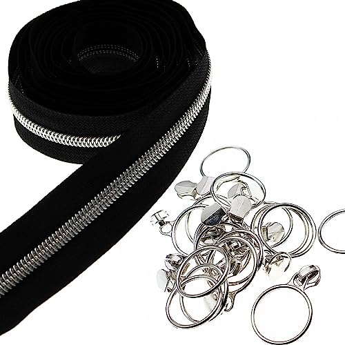 5 Silver Metallic Nylon Coil Zippers by The Yard Bulk 10 Yards Black Zipper Tape with 25pcs Silver Sliders for DIY Sewing Tailor Craft Bag