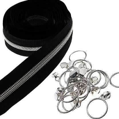5 Silver Metallic Nylon Coil Zippers by The Yard Bulk 10 Yards Black Zipper Tape with 25pcs Silver Sliders for DIY Sewing Tailor Craft Bag