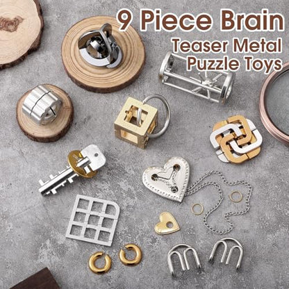 9 Pcs Metal Brain Teasers 3D Steel Puzzle Set (9 Count)