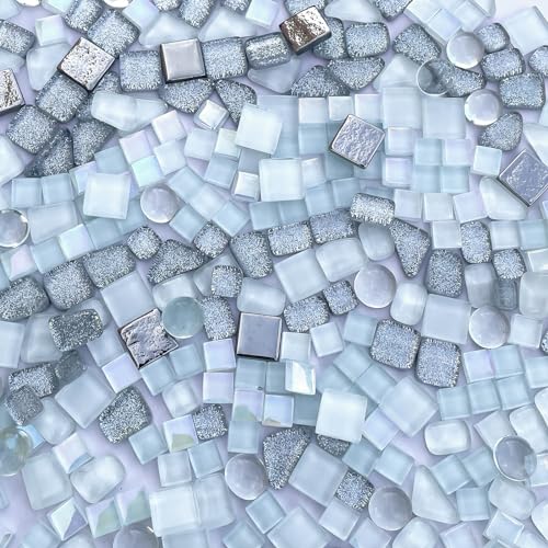 1.1LB Silver White Mixed Irregular Crystal Glass Mosaic Tiles for Crafts (17.6 Ounce)