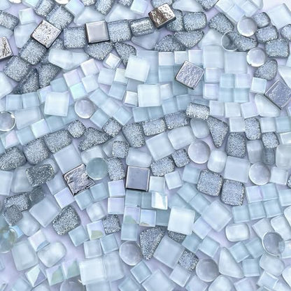 1.1LB Silver White Mixed Irregular Crystal Glass Mosaic Tiles for Crafts (17.6 Ounce)