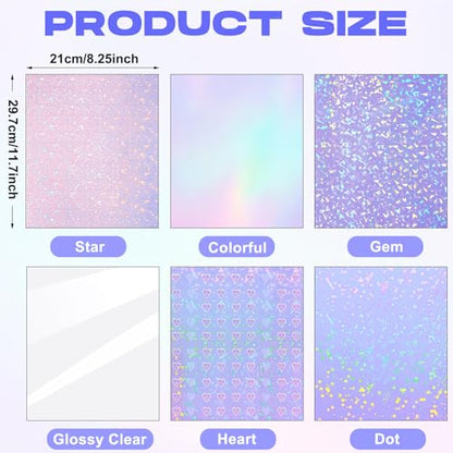 36 Sheets Holographic Sticker Paper A4 Vinyl Holographic Laminate Sheets Self Adhesive Waterproof Transparent Film (36 Count)