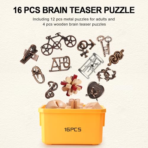16 PCS Metal & Wooden Brain Teaser Puzzle Set (72 Count)