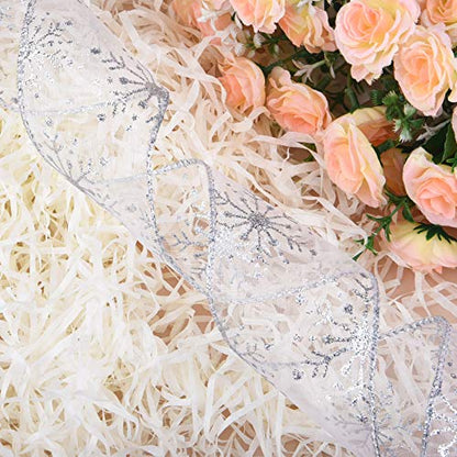 2.5 Inch Wide Christmas Wired Ribbon Snowflake Organza Sheer Glitter Ribbon for Xmas Tree (65.69999999999999 Foot)