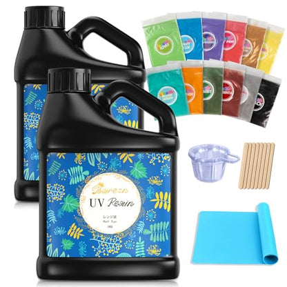 2000g UV Resin Hard with Mica Powders of 12 Colors and 8 Wooden Sticks for Jewelry Making (67.628 Fl Oz)