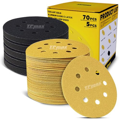 70PCS 5 Inch 125mm 8 Hole Sanding Discs Sandpaper Mixed Grits with 5 Pack Hook and Loop Soft Density Interface Pads for Random Orbital Sander