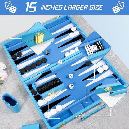 Light Blue 15 Inch Backgammon Sets for Adults (39 Count)