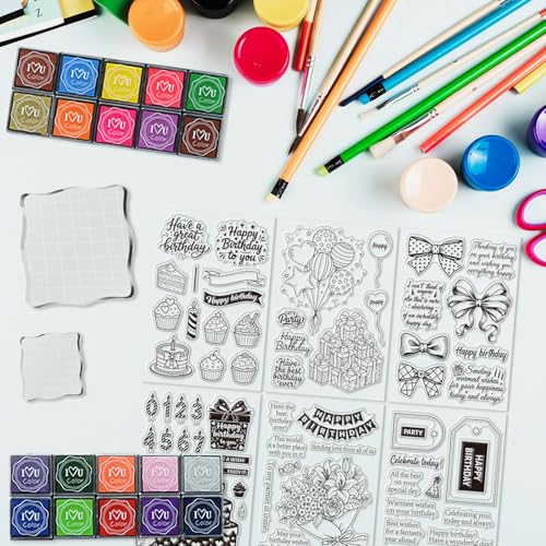 6 Pcs Clear Stamps for Birthday Card Making Supplies 20 Ink Pad
