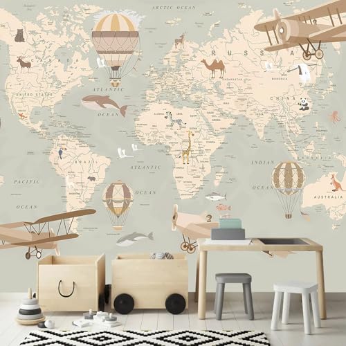 Vintage Animal Wallpaper Cartoon Aircraft Map wall murals for Kids Room 182"x120"