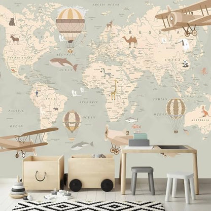 Vintage Animal Wallpaper Cartoon Aircraft Map wall murals for Kids Room 182"x120"