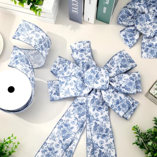 Floral Wired Edge Ribbon Vintage Flower Craft Ribbon Blue Chinoiserie Decorative Fabric Ribbons for DIY Crafts Wreath Bow Making